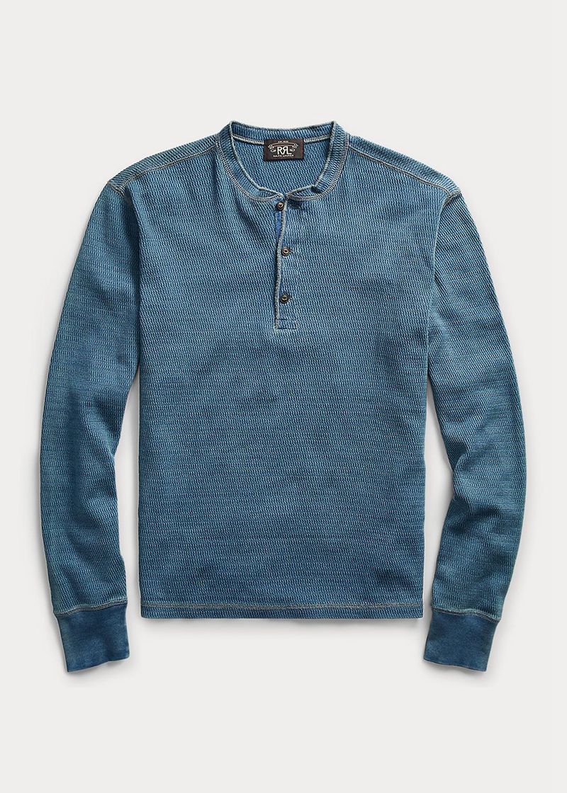 RRL T シャツ メンズ 青 インジゴ Jacquard-knit Henley MOCBV6095